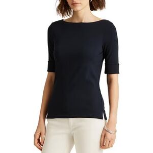 Lauren Ralph Lauren Stretch Cotton Blend Boat Neck Short Rolled Sleeve Shirt L